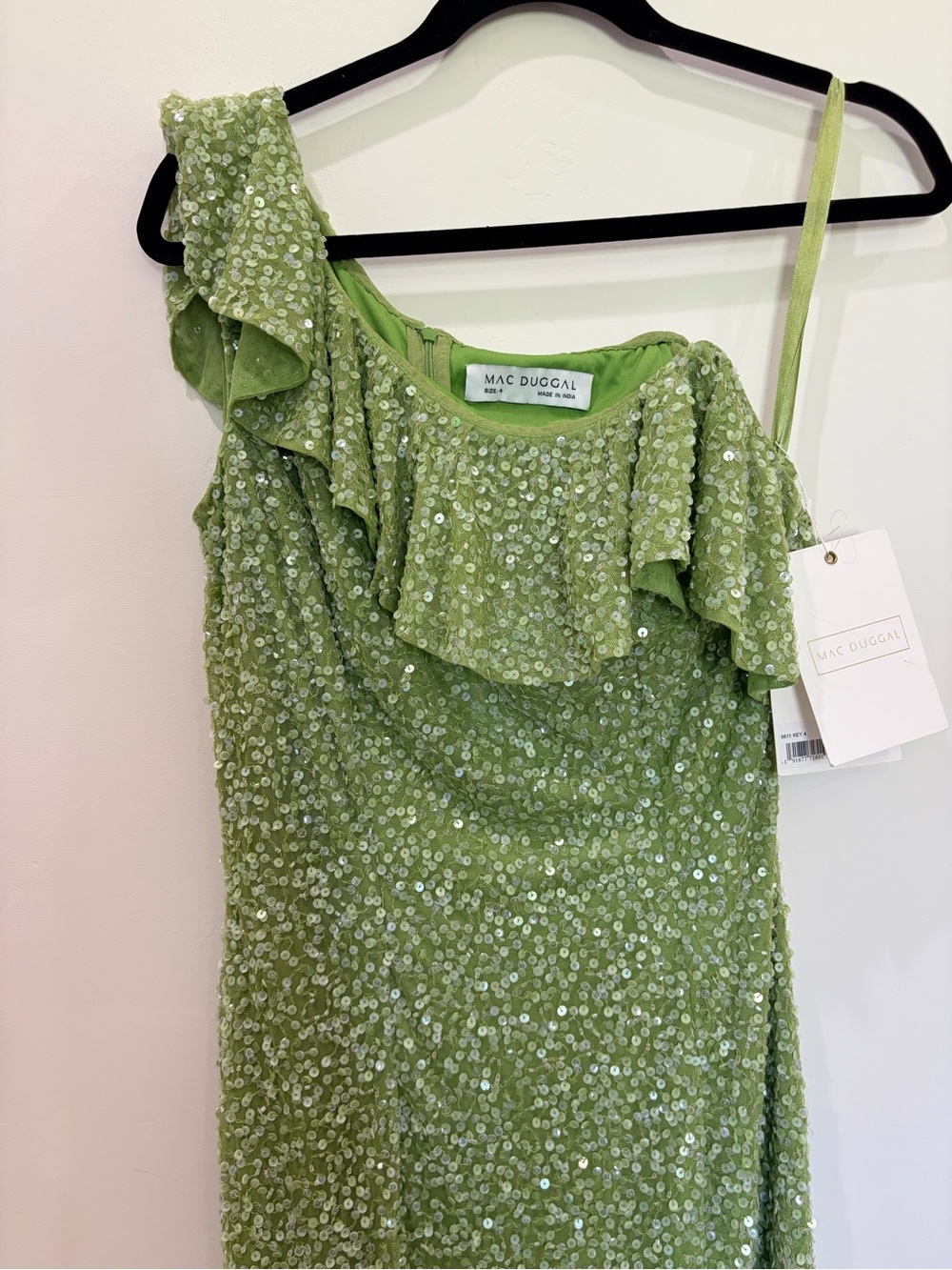 Mac Duggal 5611 Ruffled Asymmetrical Neck Sequin Prom Gown Key Lime With Detail - Picture 6 of 16